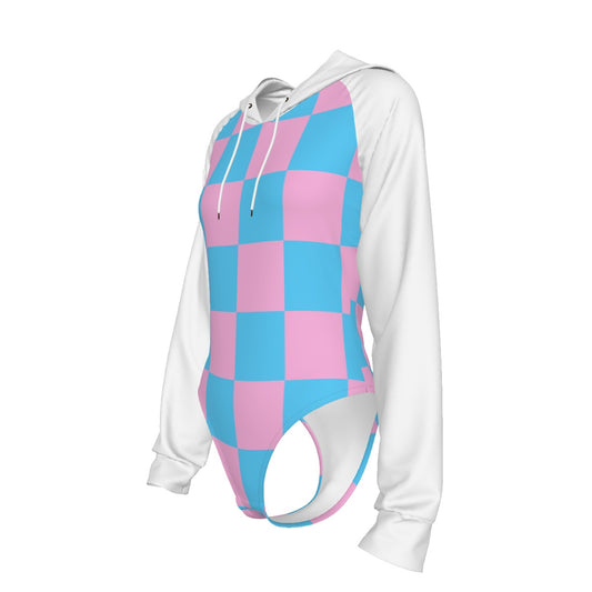 Teen Blue Pink White Pride Circus Check Raglan-Sleeve Hooded Bodysuit
