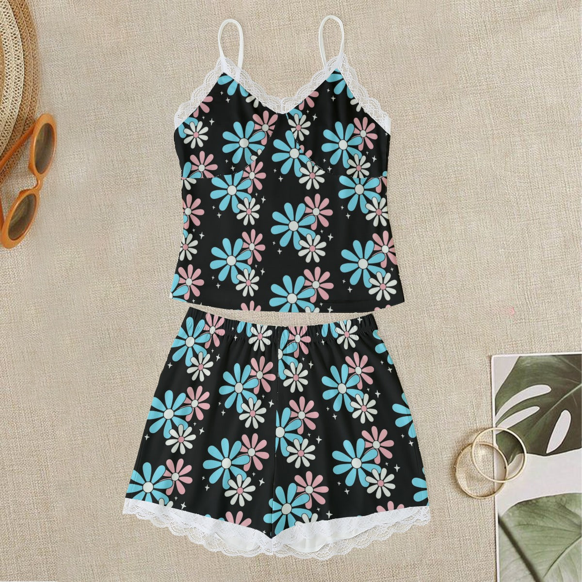 Plus Size Blue Pink White Big Daisies Series Laced Edge Black Camisole Set