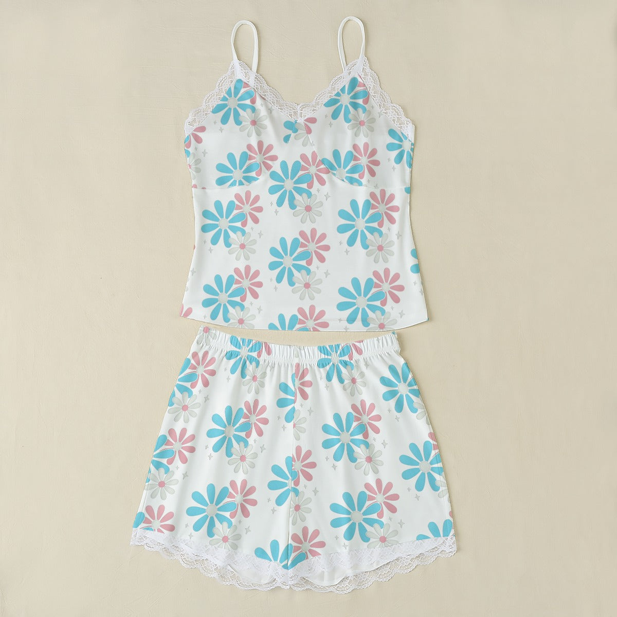 Plus Size Blue Pink White Big Daisies Series White Lace Edged Camisole Set