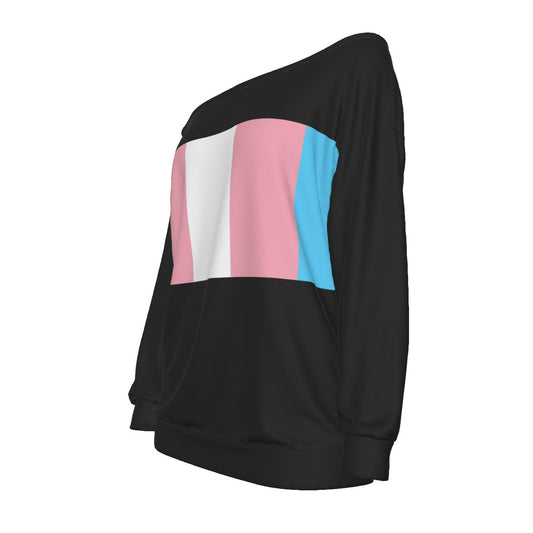 Teen - Plus Size Blue Pink White Trans Pride Black Off-Shoulder Sweatshirt