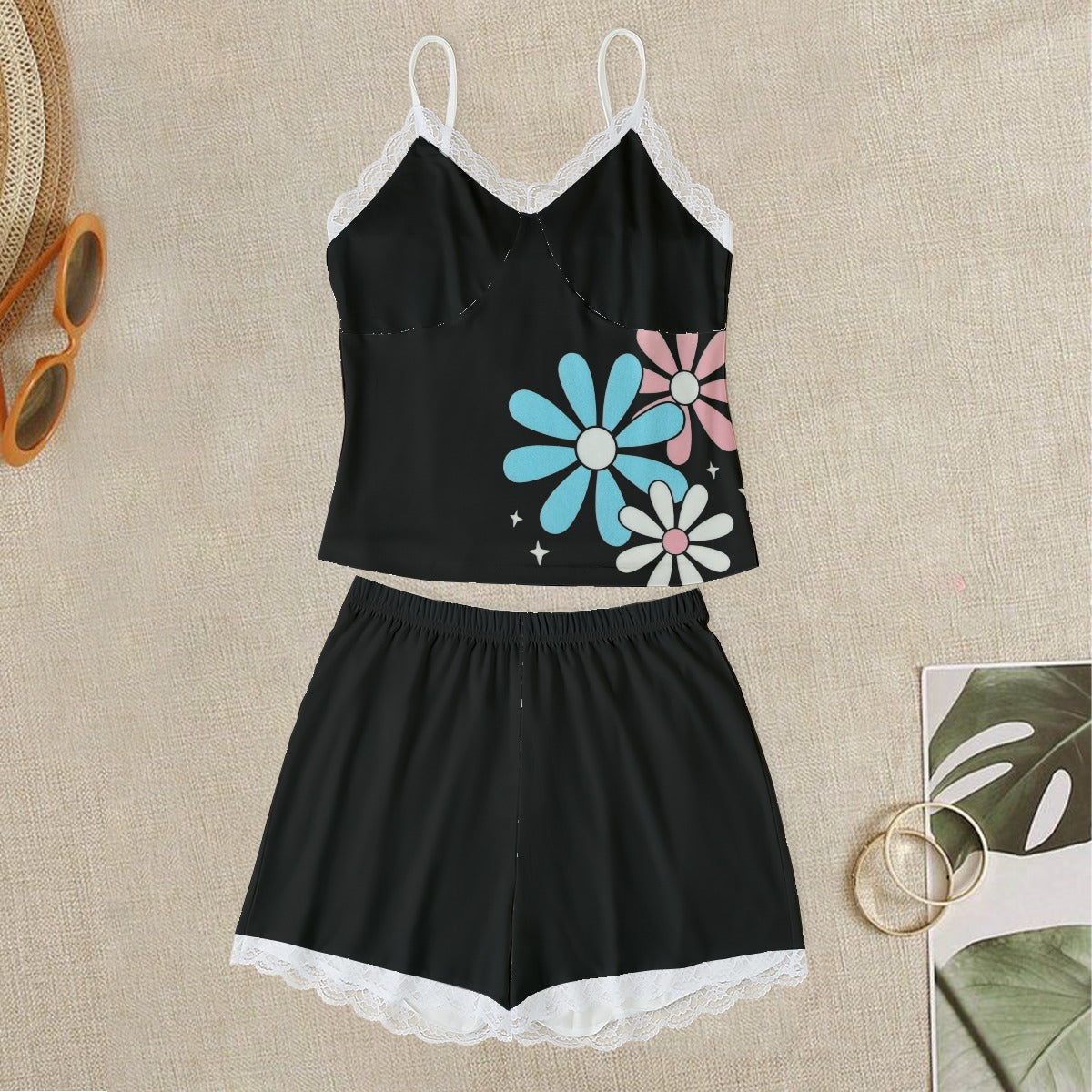 Plus Size Blue Pink White Big Daisies Laced Edge Black Camisole Set