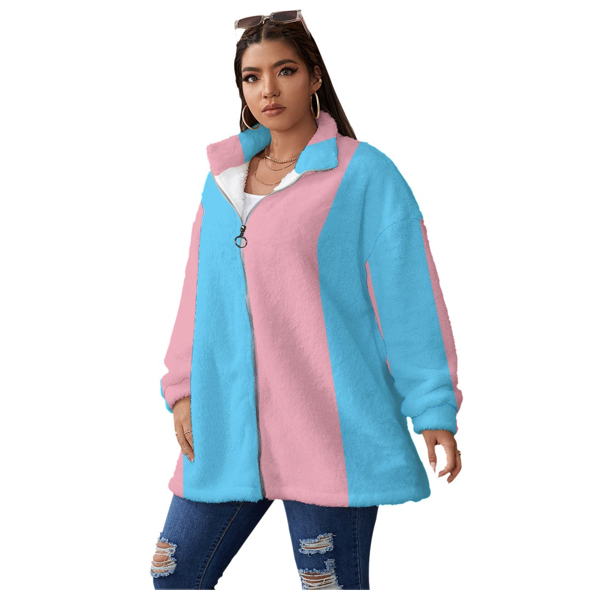 Plus Size Blue Pink White All-Over Pride Borg Fleece Coat