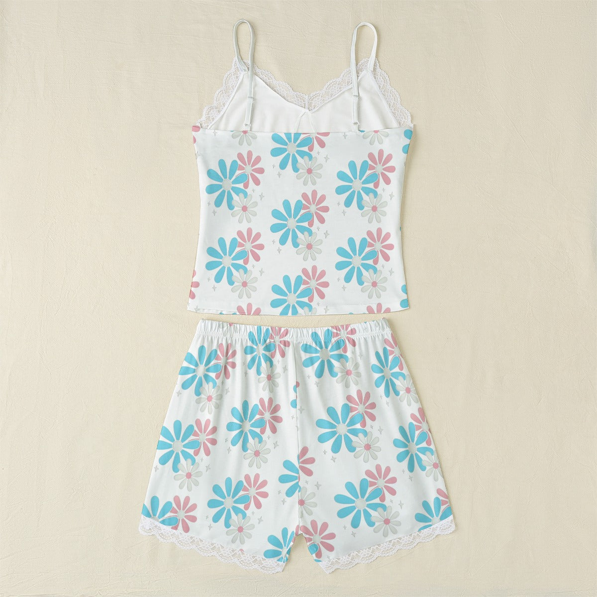 Plus Size Blue Pink White Big Daisies Series White Lace Edged Camisole Set