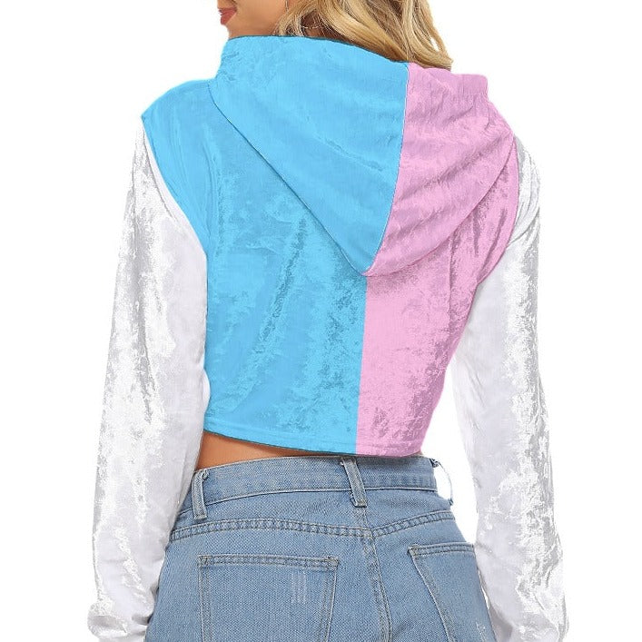 Blue Pink White Harlequin Pride Drop-Shouldered Cropped Velveted Hoodie
