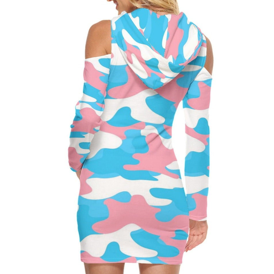 Teen Blue Pink White All-Over Pride Camouflage Cold-Shoulder Hooded Dress