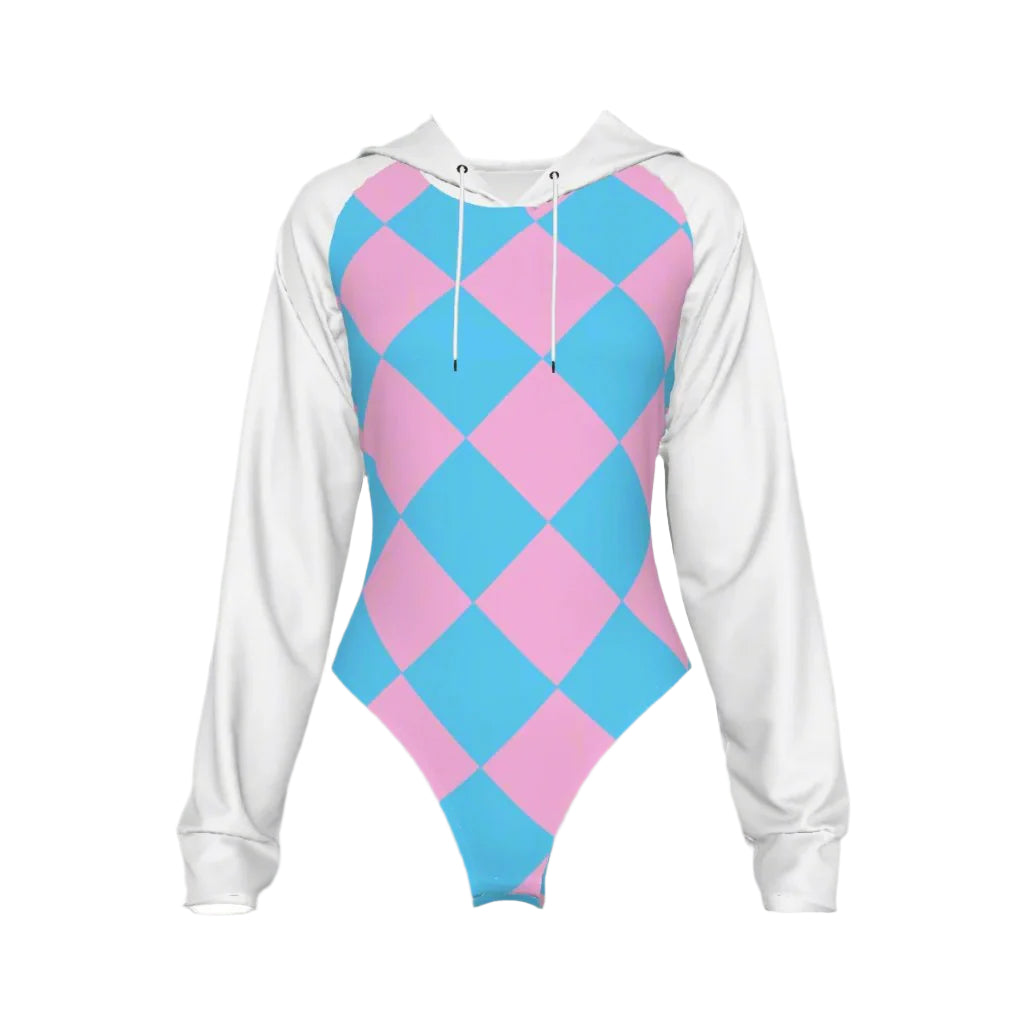 Teen Blue Pink White Pride Harlequin Raglan-Sleeve Hooded Bodysuit