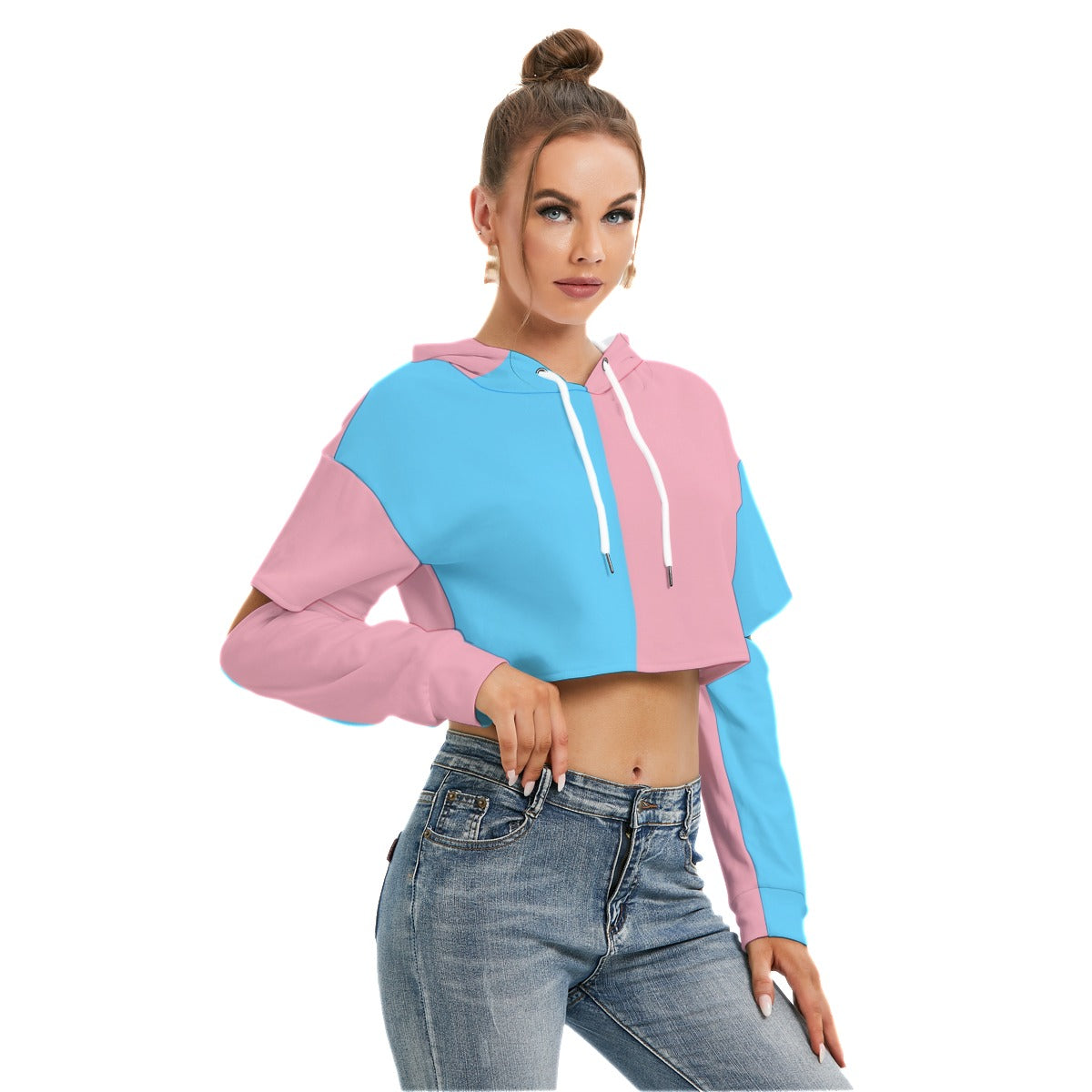 Teen Blue Pink White Cut-Sleeved Cropped Hoodie