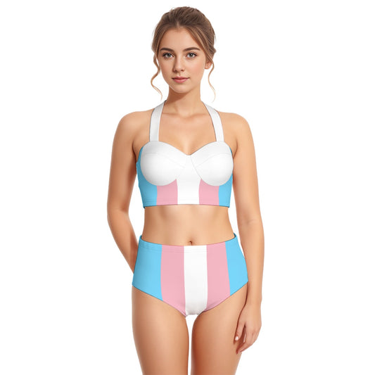 Blue Pink White Pride Halter Neck Swimsuit Set