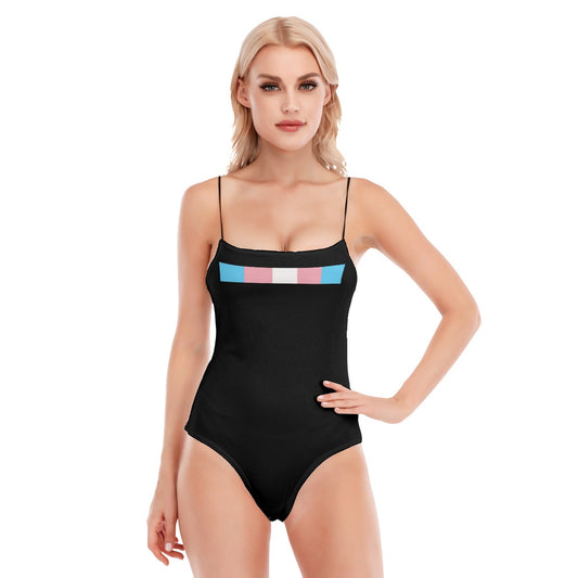 Teen - Blue Pink White Subtle Pride Ribbon Spaghetti-Strapped Black Bodysuit