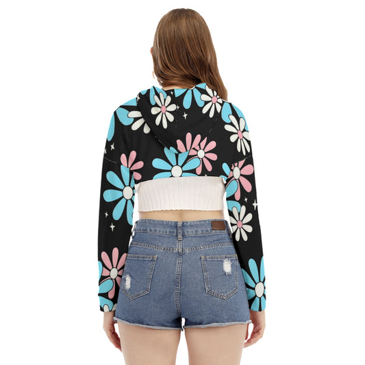 Teen Blue Pink White Big Daisies Pride Series Black Cropped Hooded Smock Top