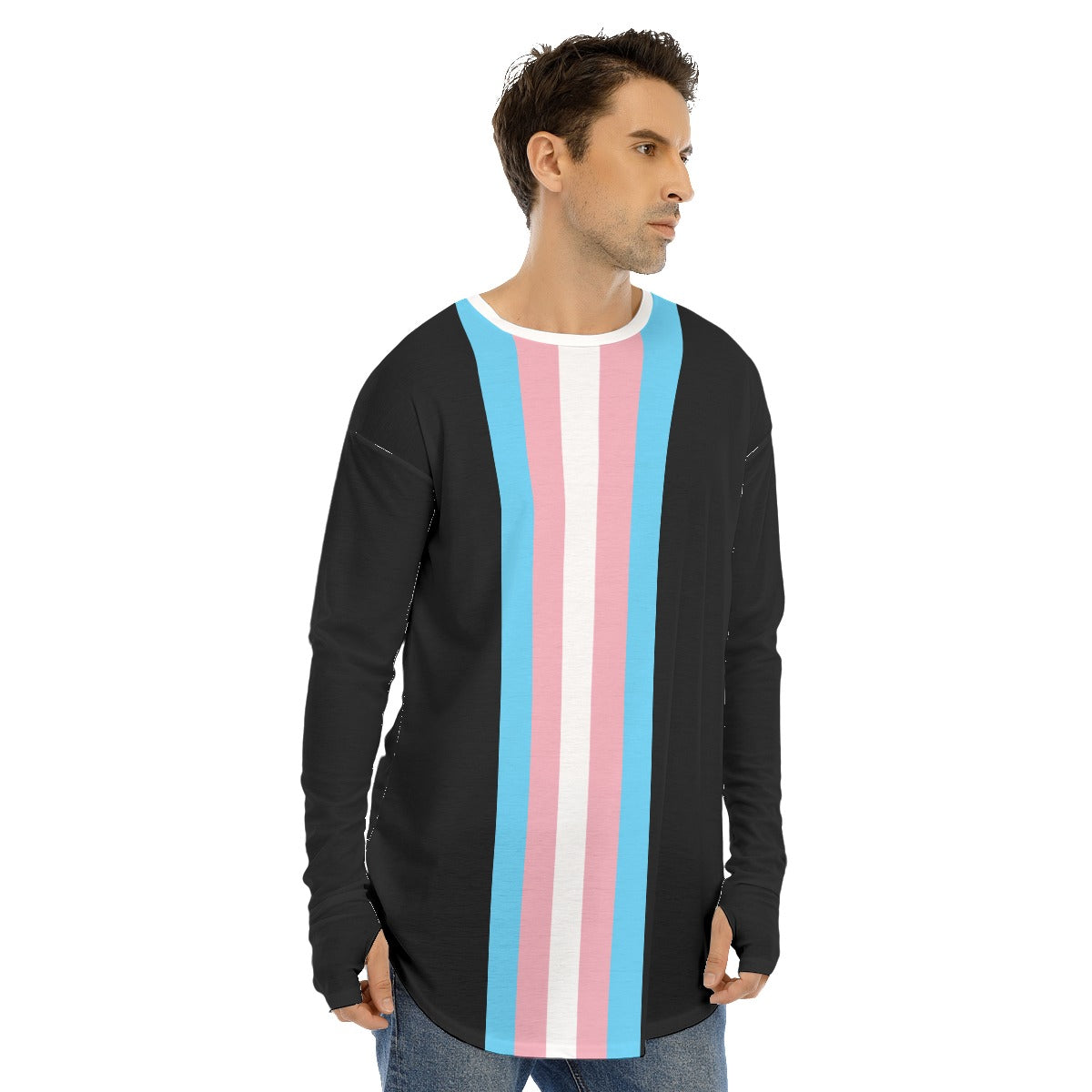 Plus Size Blue Pink White Pride Long Black Fingerless-Gloved Sleeve Boyfriend T-Shirt