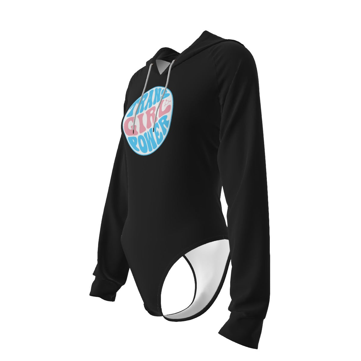 Teen Blue Pink White 'TRANS GIRL POWER' Pride Black Raglan Sleeve Hooded Bodysuit