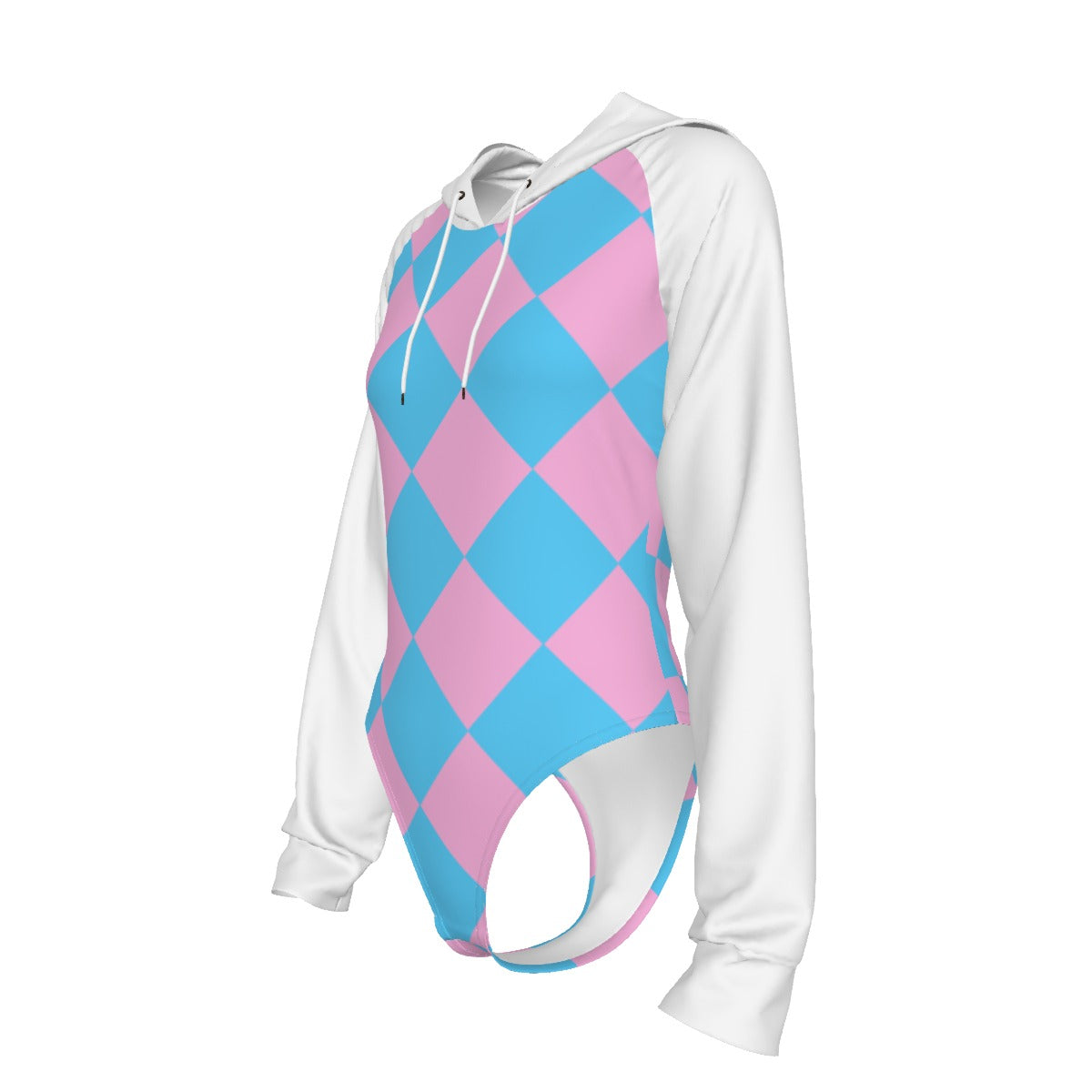 Teen Blue Pink White Pride Harlequin Raglan-Sleeve Hooded Bodysuit