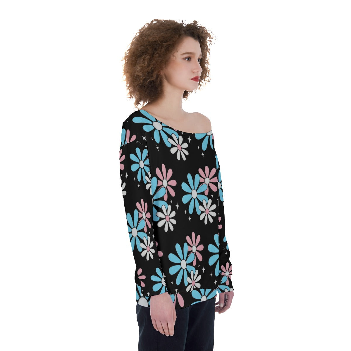 Teen - Plus Size Blue Pink White Big Daisies Series Pride Off-Shoulder Sweatshirt