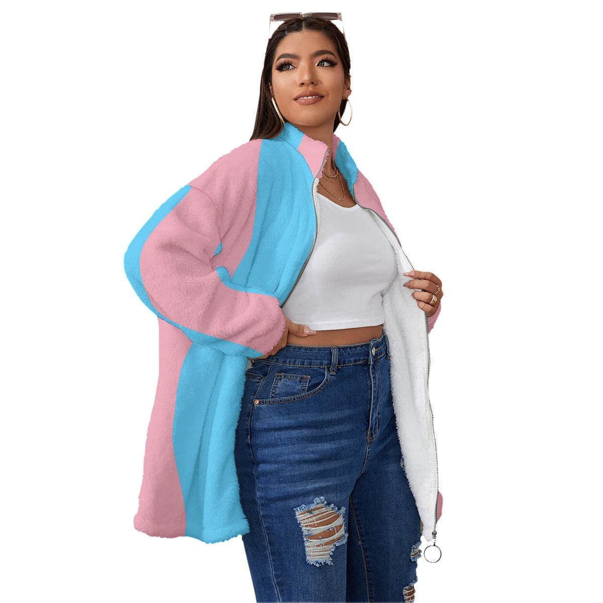 Plus Size Blue Pink White All-Over Pride Borg Fleece Coat