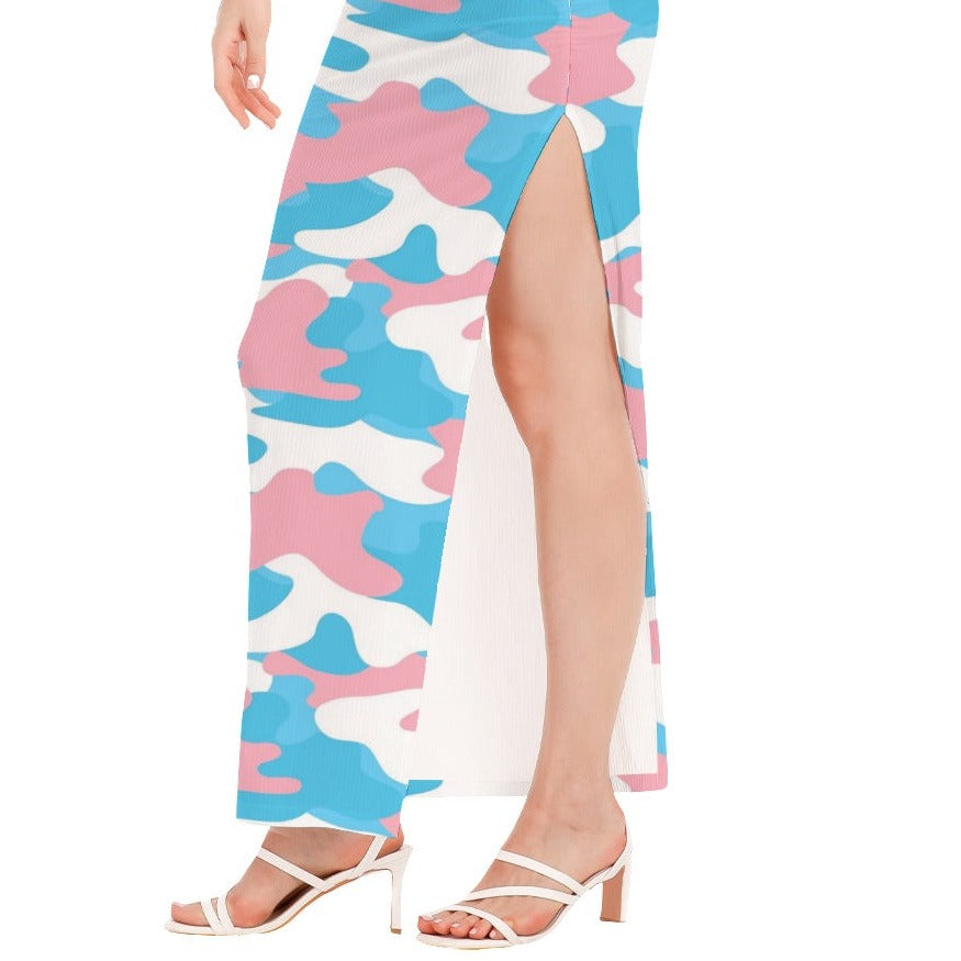 Blue Pink White Trans Pride Camouflage Hip-Hugging Side-Slit Long Skirt