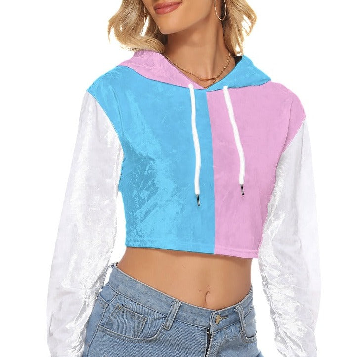 Blue Pink White Harlequin Pride Drop-Shouldered Cropped Velveted Hoodie