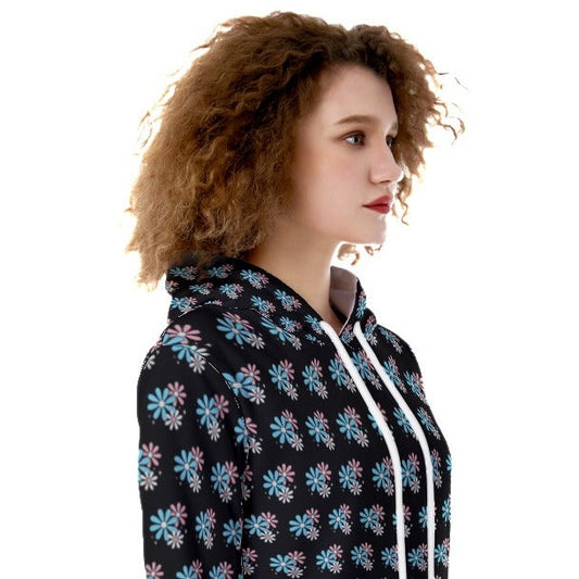 Blue Pink White All Over Trans Pride Daisies Black Heavy Fleece Long Hoodie