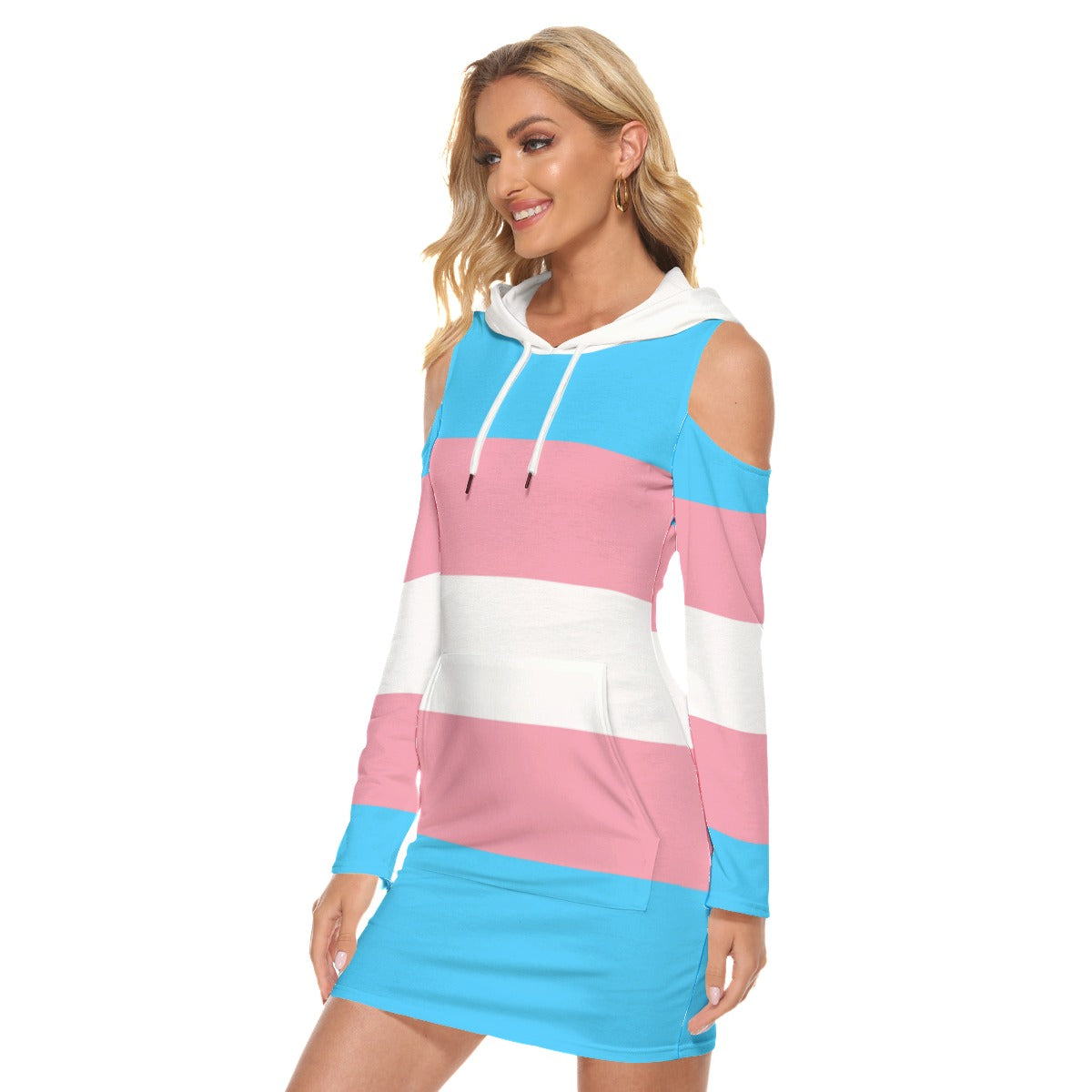 Teen Blue Pink White All-Over Pride Cold-Shoulder Hooded Dress