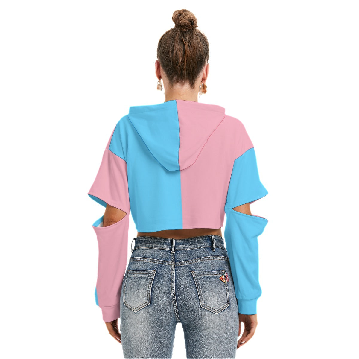 Teen Blue Pink White Cut-Sleeved Cropped Hoodie