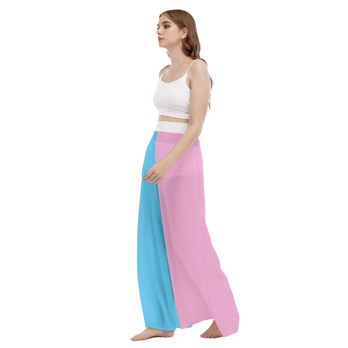 Blue Pink White Pride High-Waist Wide-Leg Chiffon Palazzo