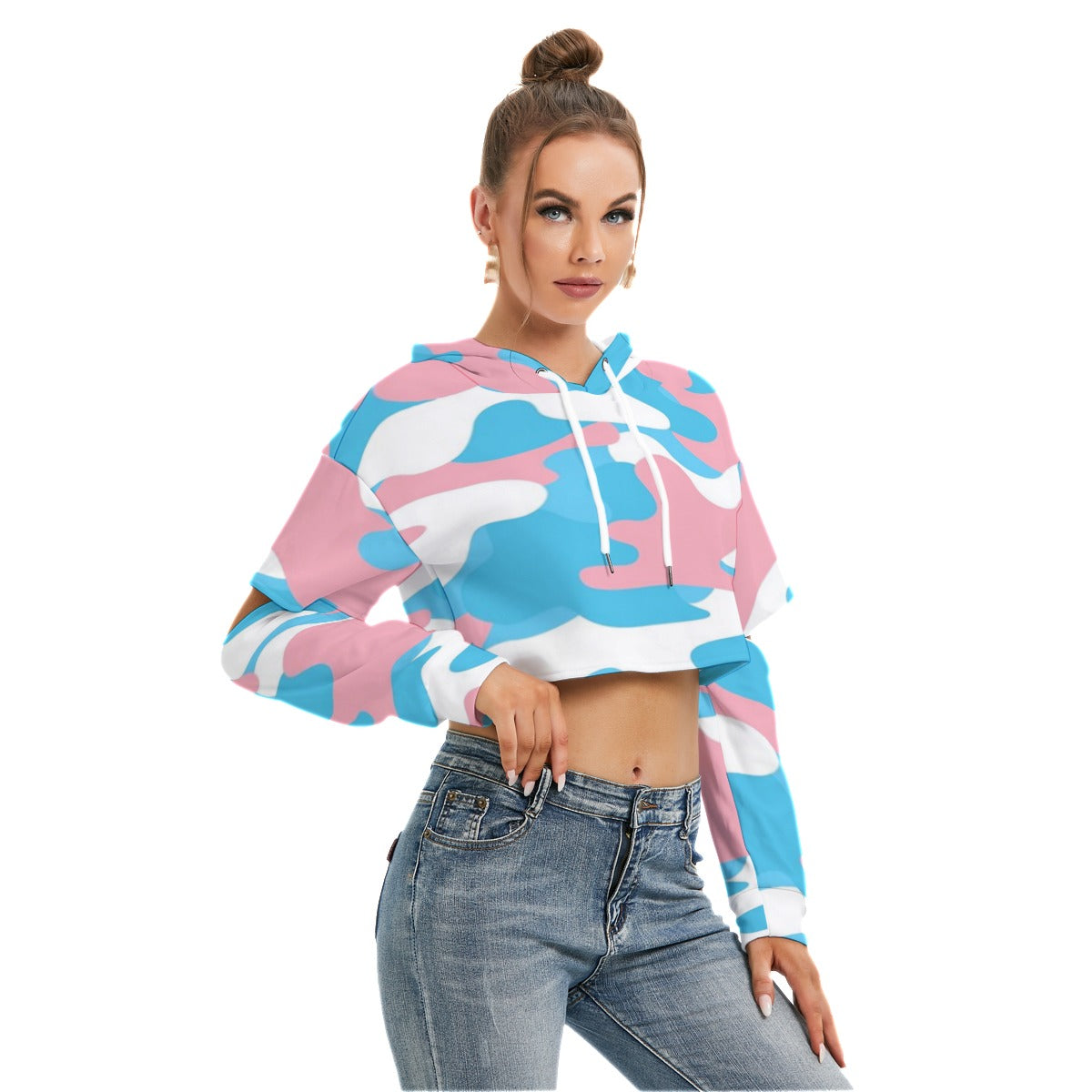 Teen Blue Pink White Cut-Sleeved Cropped Hoodie