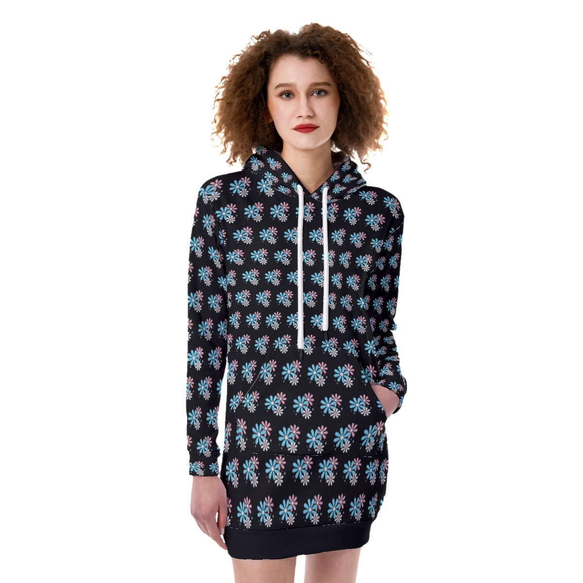 Blue Pink White All Over Trans Pride Daisies Black Heavy Fleece Long Hoodie