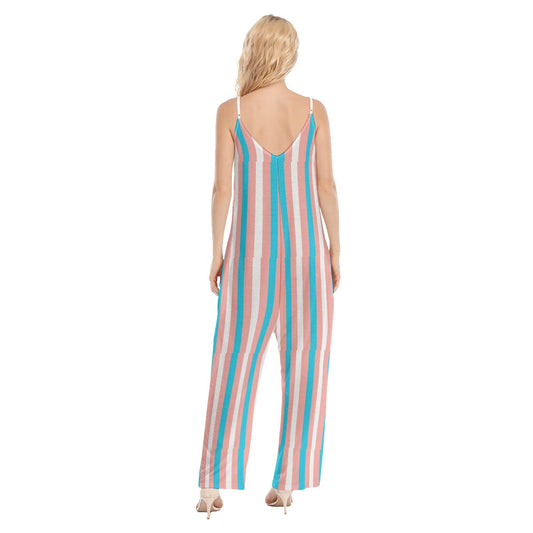 Trans Coloured Pride Candy Striped Cami-Strapped Loose Baggy Jumpsuit