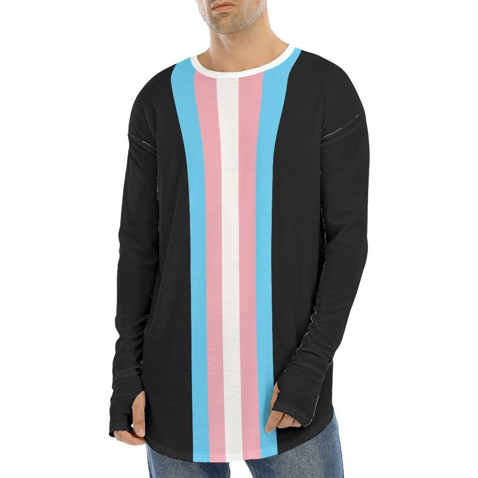 Plus Size Blue Pink White Pride Long Black Fingerless-Gloved Sleeve Boyfriend T-Shirt