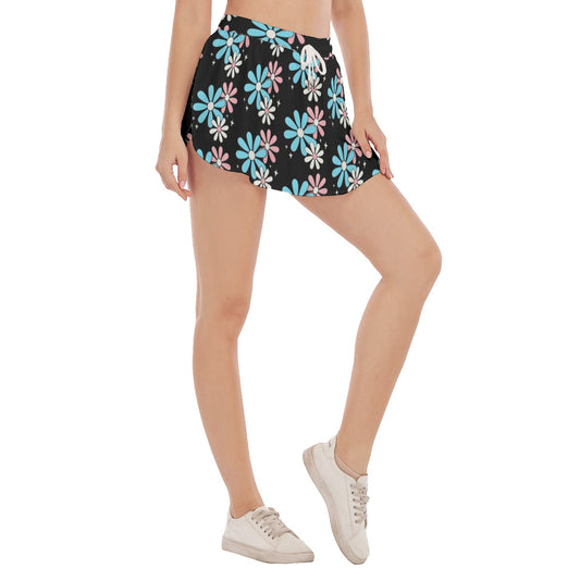 Blue Pink White All Over Big Daisies Black Sports Exercise Skort