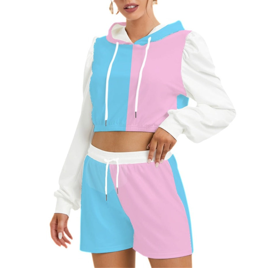 Blue Pink White Vive Le Paris Pride Micro Fleece Hoodie And Shorts Set