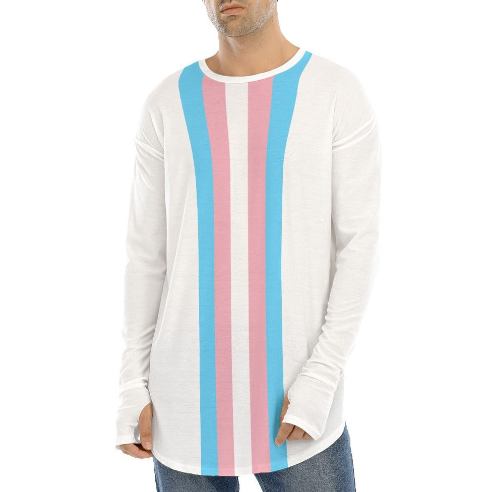 Plus Size Blue Pink White Pride Long White Fingerless-Gloved Sleeve Boyfriend T-Shirt