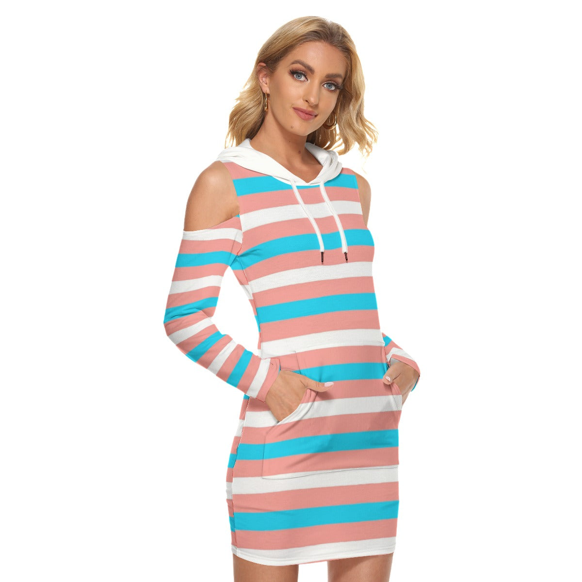 Teen Blue Pink White All-Over Pride Candy Striped Cold-Shoulder Hooded Dress