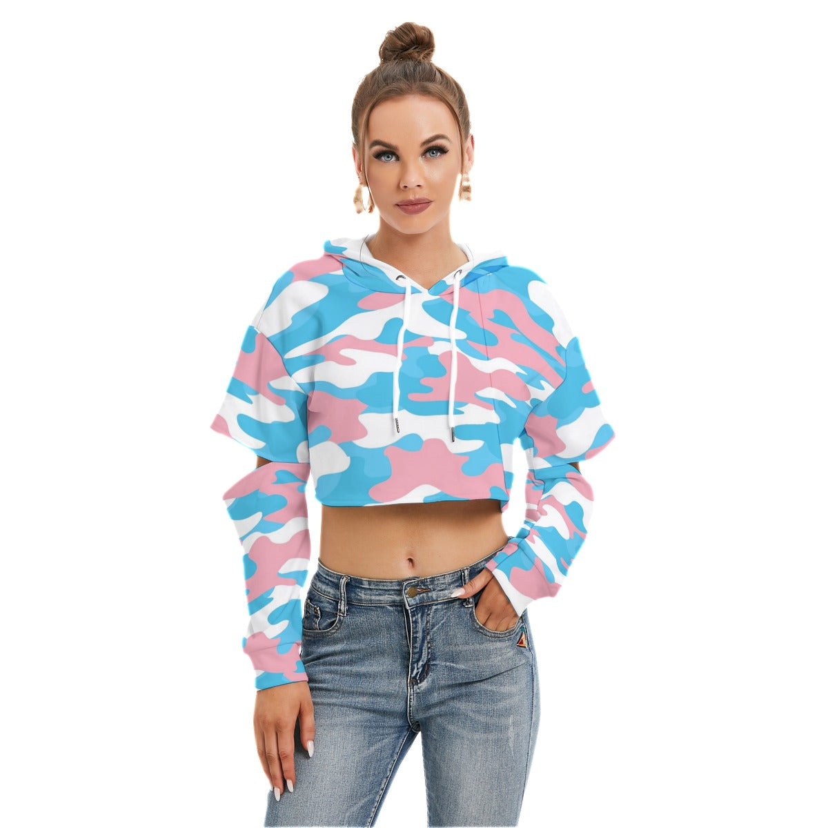 Teen Blue Pink White Cut-Sleeved Cropped Hoodie