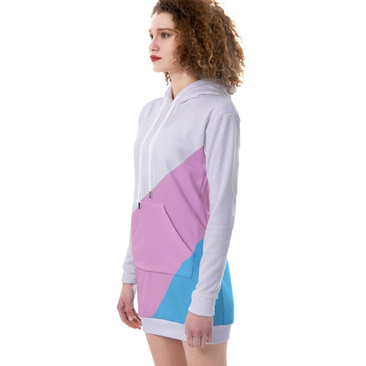 Blue Pink White Pride Thigh-Length Fleece Dress Hoodie