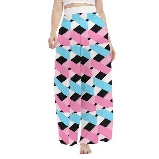 Blue Pink White Pride Lattice Black High-Waist Wide-Leg Chiffon Palazzo