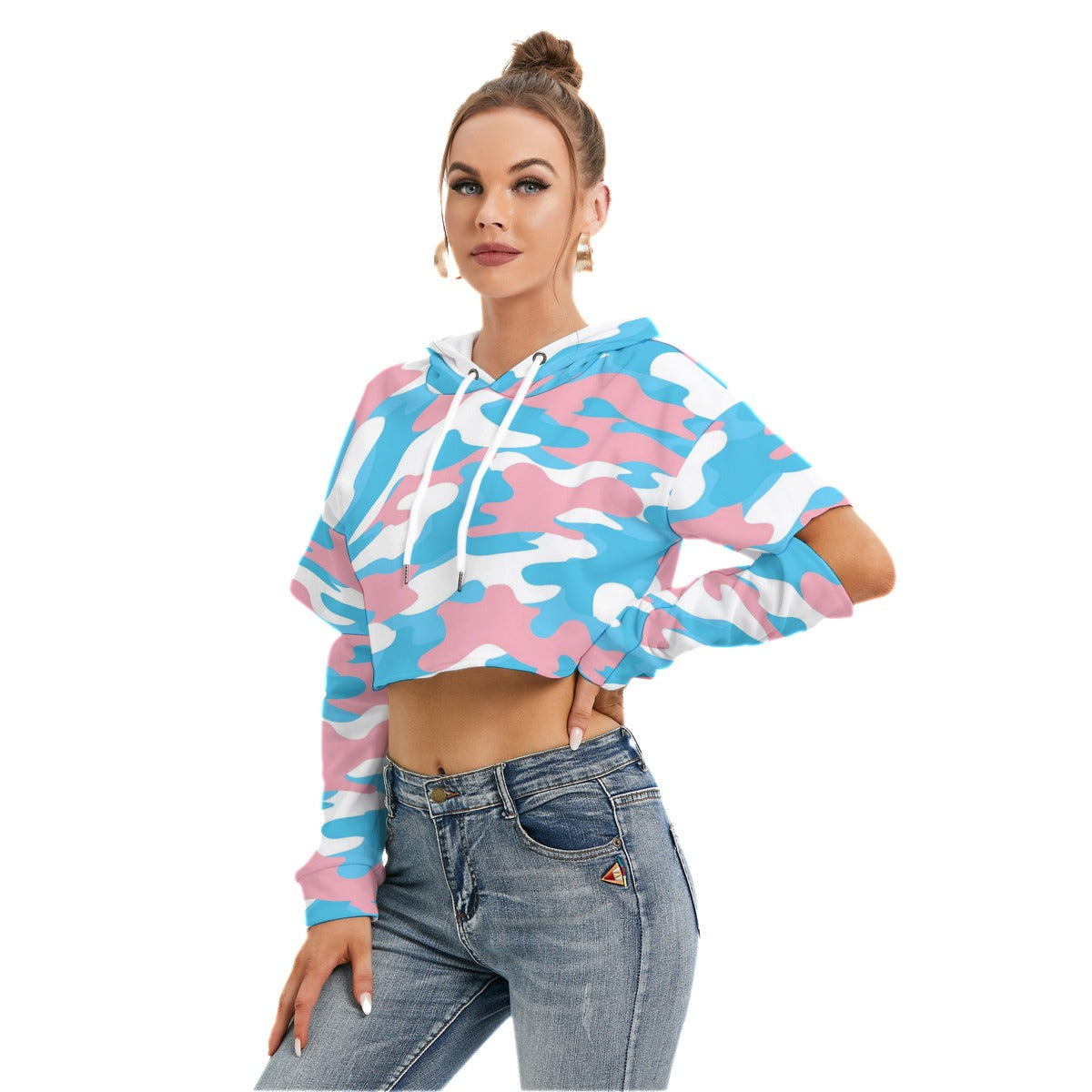 Teen Blue Pink White Cut-Sleeved Cropped Hoodie