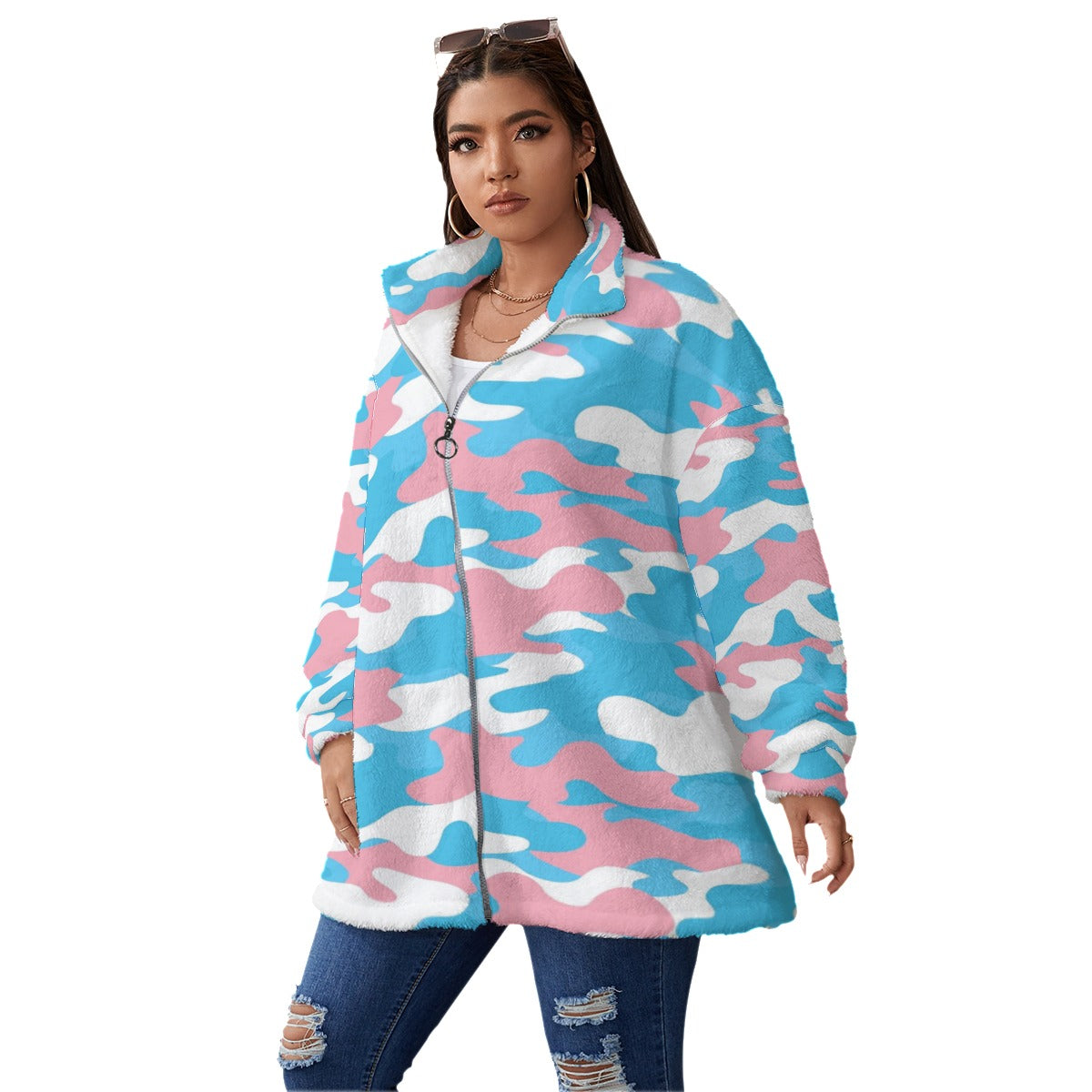 Plus Size Blue Pink White Camouflage All-Over Pride Borg Fleece Coat
