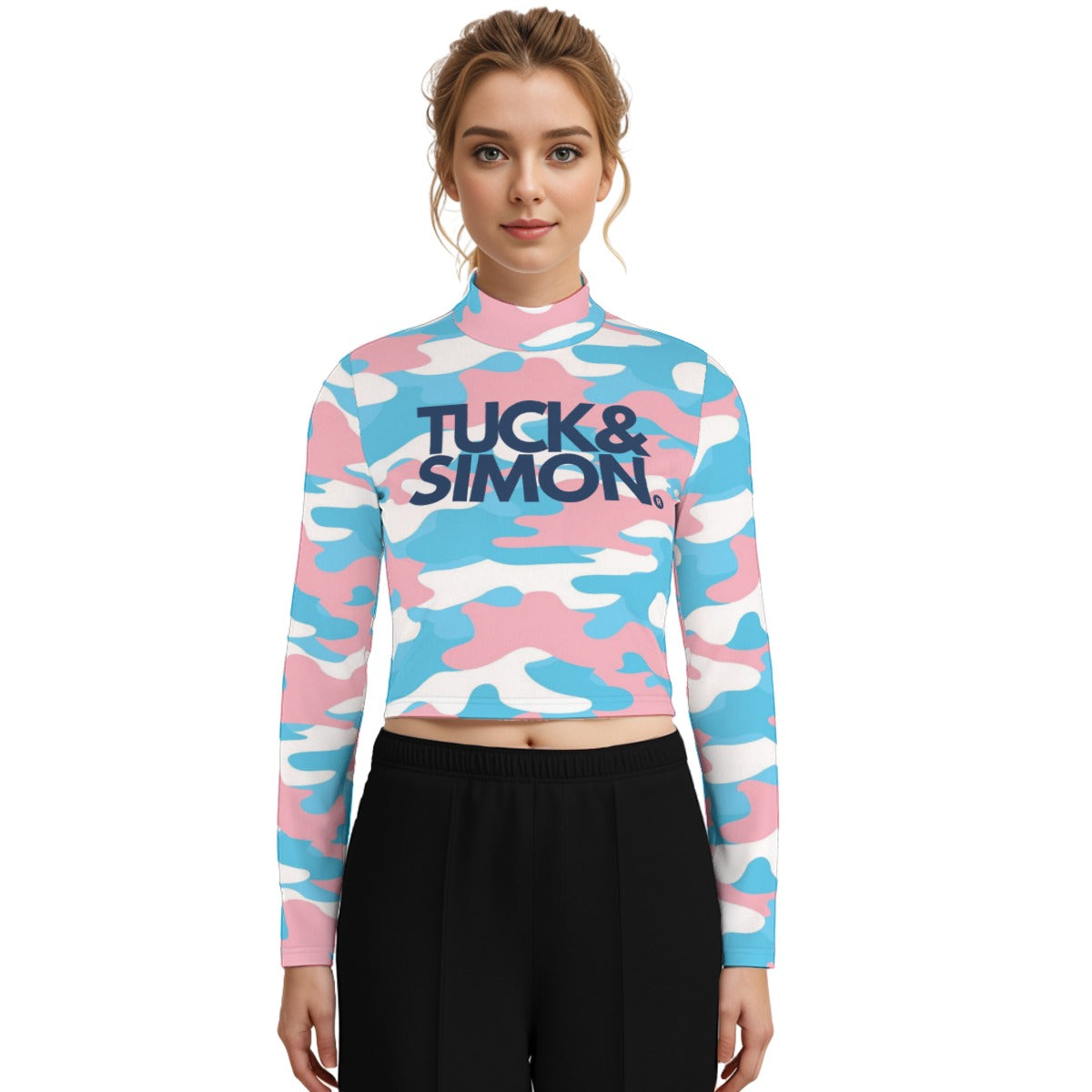 Plus Size Blue Tuck&Simon Pink White Camouflage Turtleneck T-Shirt