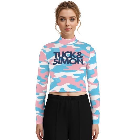 Plus Size Blue Tuck&Simon Pink White Camouflage Turtleneck T-Shirt