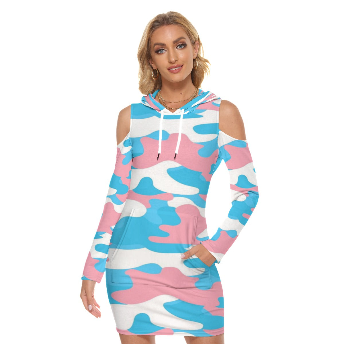 Teen Blue Pink White All-Over Pride Camouflage Cold-Shoulder Hooded Dress