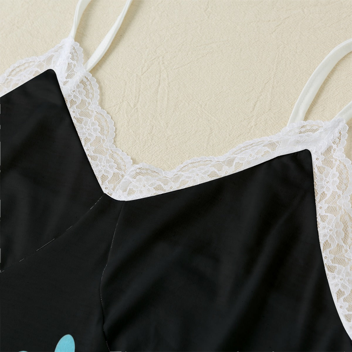 Plus Size Blue Pink White Big Daisies Laced Edge Black Camisole Set