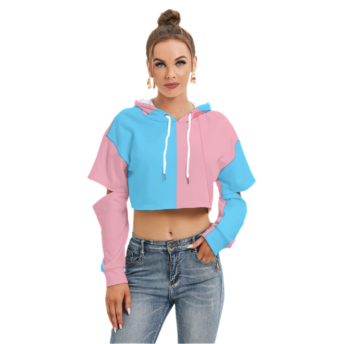 Teen Blue Pink White Cut-Sleeved Cropped Hoodie
