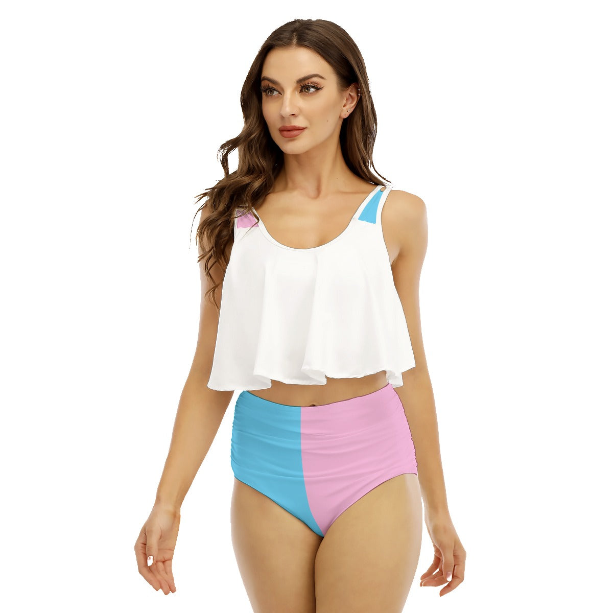 Teen Blue Pink White Transgirl Vive l'Paris Pride Two-Piece White Ruffled Bikini Set