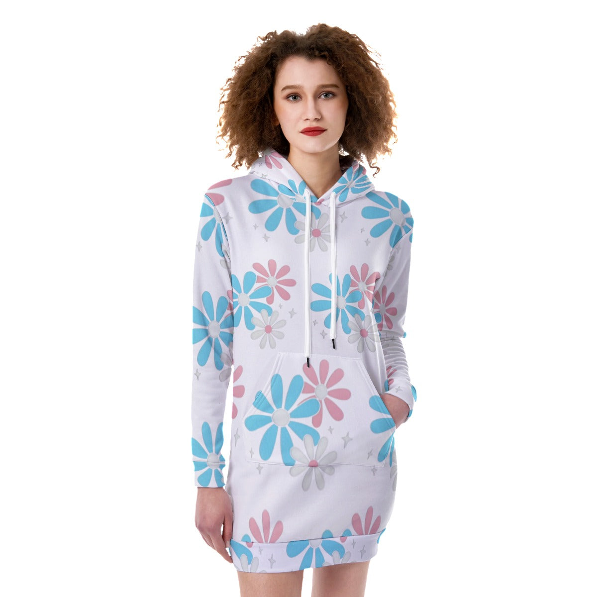 Blue Pink White All Over Trans Pride Big Daisies White Heavy Fleece Long Hoodie