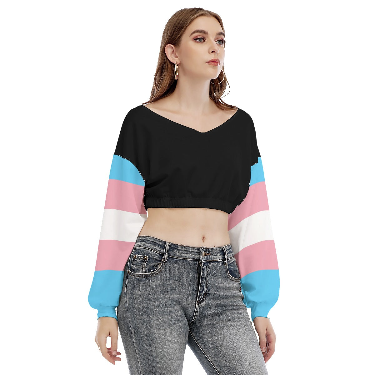 Blue Pink White Trans Pride Sleeved Cropped Black Sweatshirt