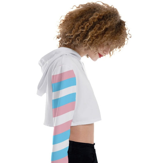 Plus Size Blue Pink White Candy Striped Sleeved Crop Top Hoodie