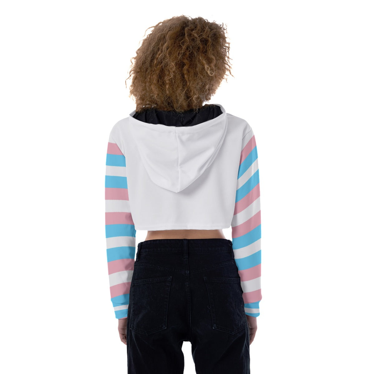 Plus Size Blue Pink White Candy Striped Sleeved Crop Top Hoodie
