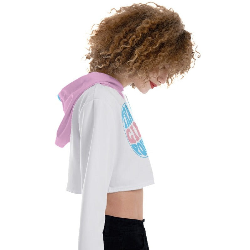 Blue Pink White 'TRANS GIRL POWER' Transcolour/White Crop Top Hoodie