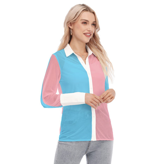 Teen to Plus Size Trans Coloured Trans Pride See-Through Deep-Cuff Blouse